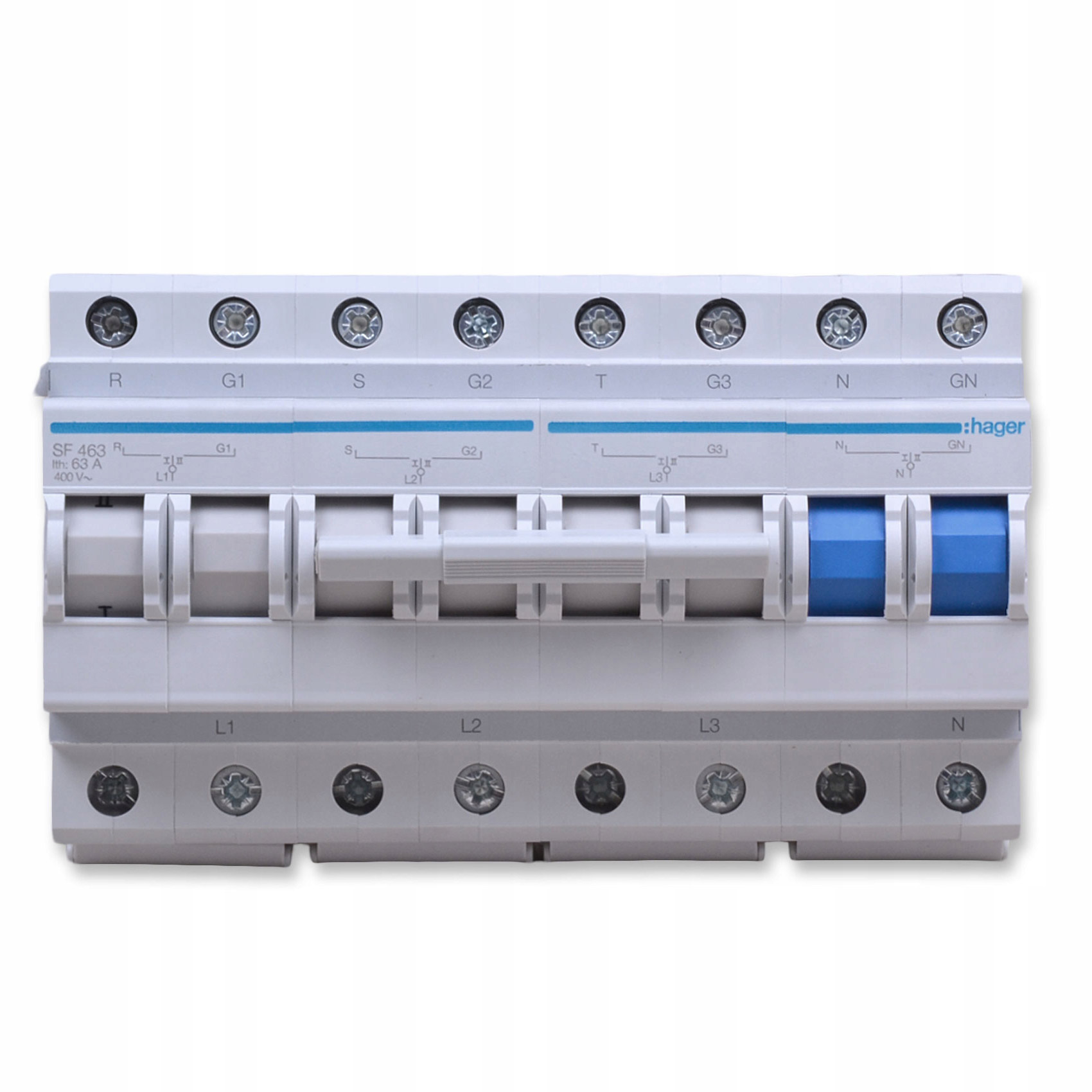 HAGER SF463 Modulowy Przelacznik Zasilania 3P N I 0 II 63A 400VAC Marka Hager HAGER SF463 Modulowy Przelacznik Zasilania 3P N I 0 II 63A 400VAC Marka Hager